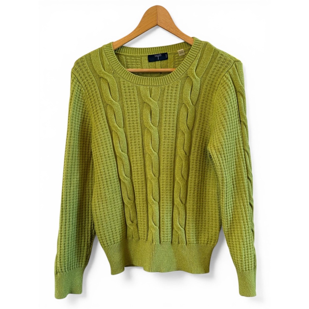 Lime Green Tahari Wmns Cable Knit Soft Petite L (PL) Crew Neck Warm‎ Sweater